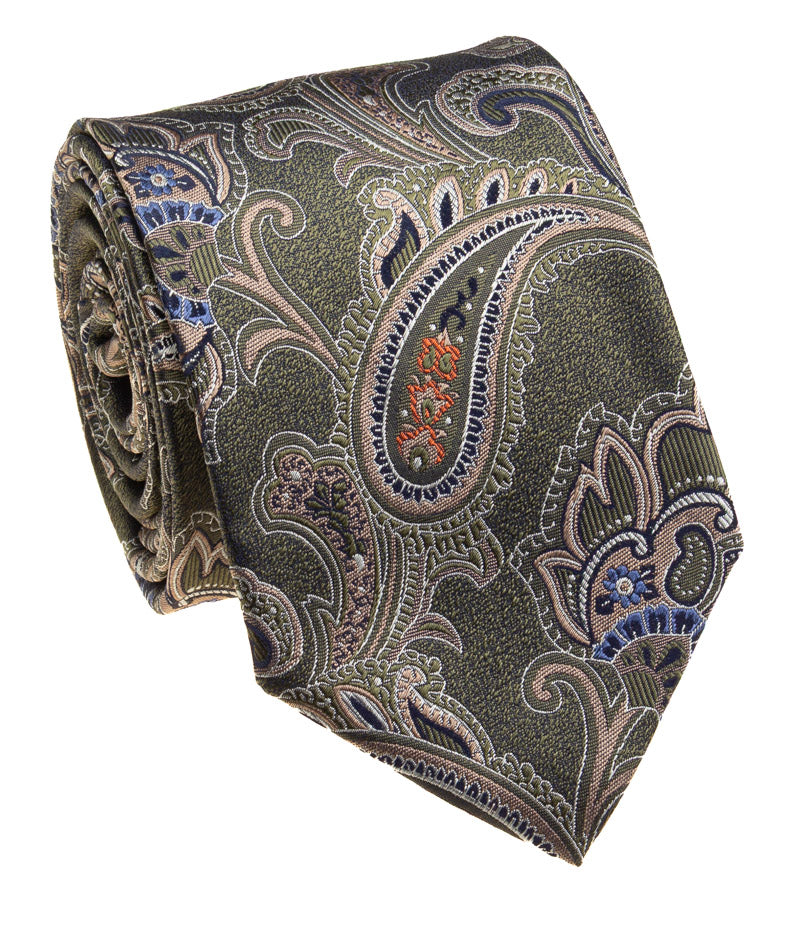Bocara Silk XL Necktie Olive Paisely