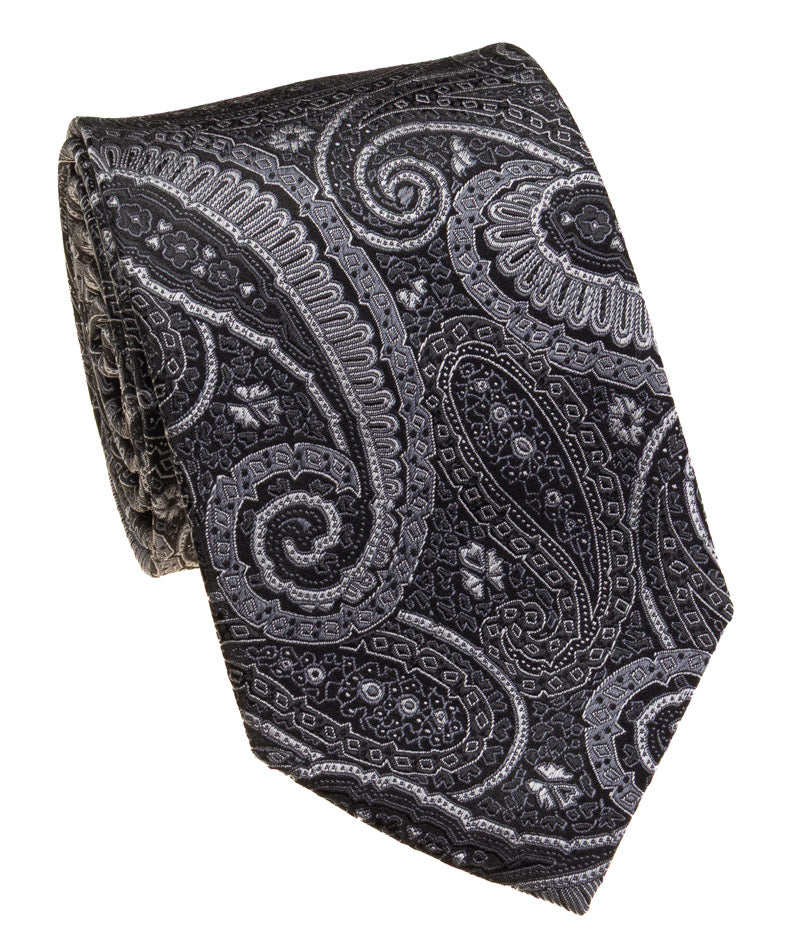 Bocara Silk XL Necktie Black Grey Paisely