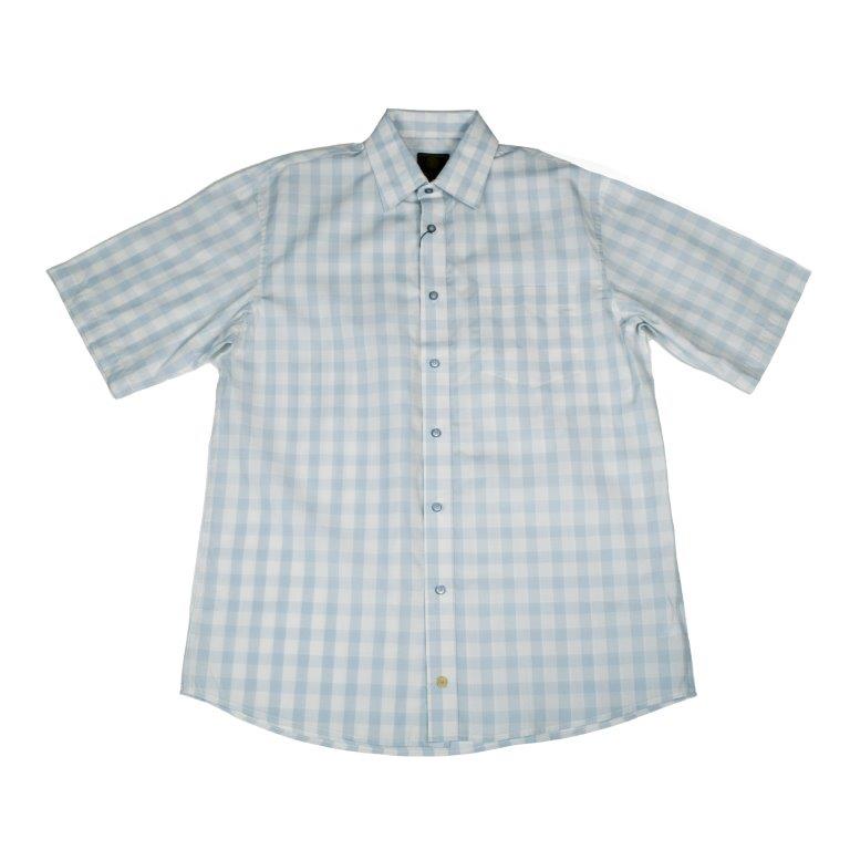 FX Fusion Short Sleeve Poly Cotton Sport Shirt Light Blue Check