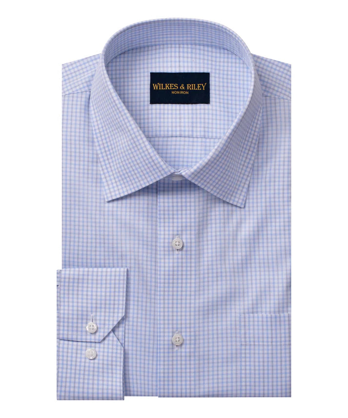 Wilkes and Riley Classic Fit Sky/Grey Twill Check Spread Collar Supima Cotton Non-Iron Dress Shirt