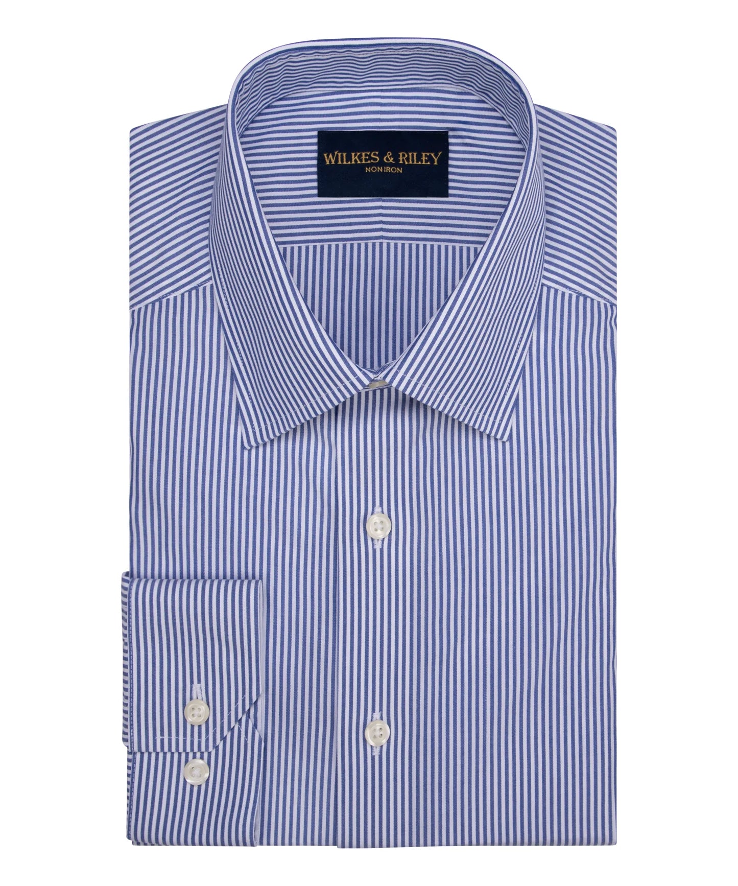 Wilkes and Riley Classic Fit Blue Bengal Stripe Spread Collar Non-Iron Broadcloth Dress Shirt