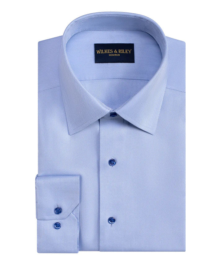 Wilkes and Riley Classic Fit Blue Spread Collar Non-Iron Herringbone Dress Shirt