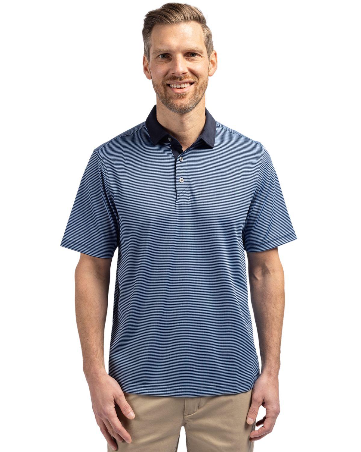 Cutter & Buck Virtue Eco Pique Micro Stripe Recycle Polo Atlas/Navy Blue - Hajjar's Big & Tall Mens Clothing