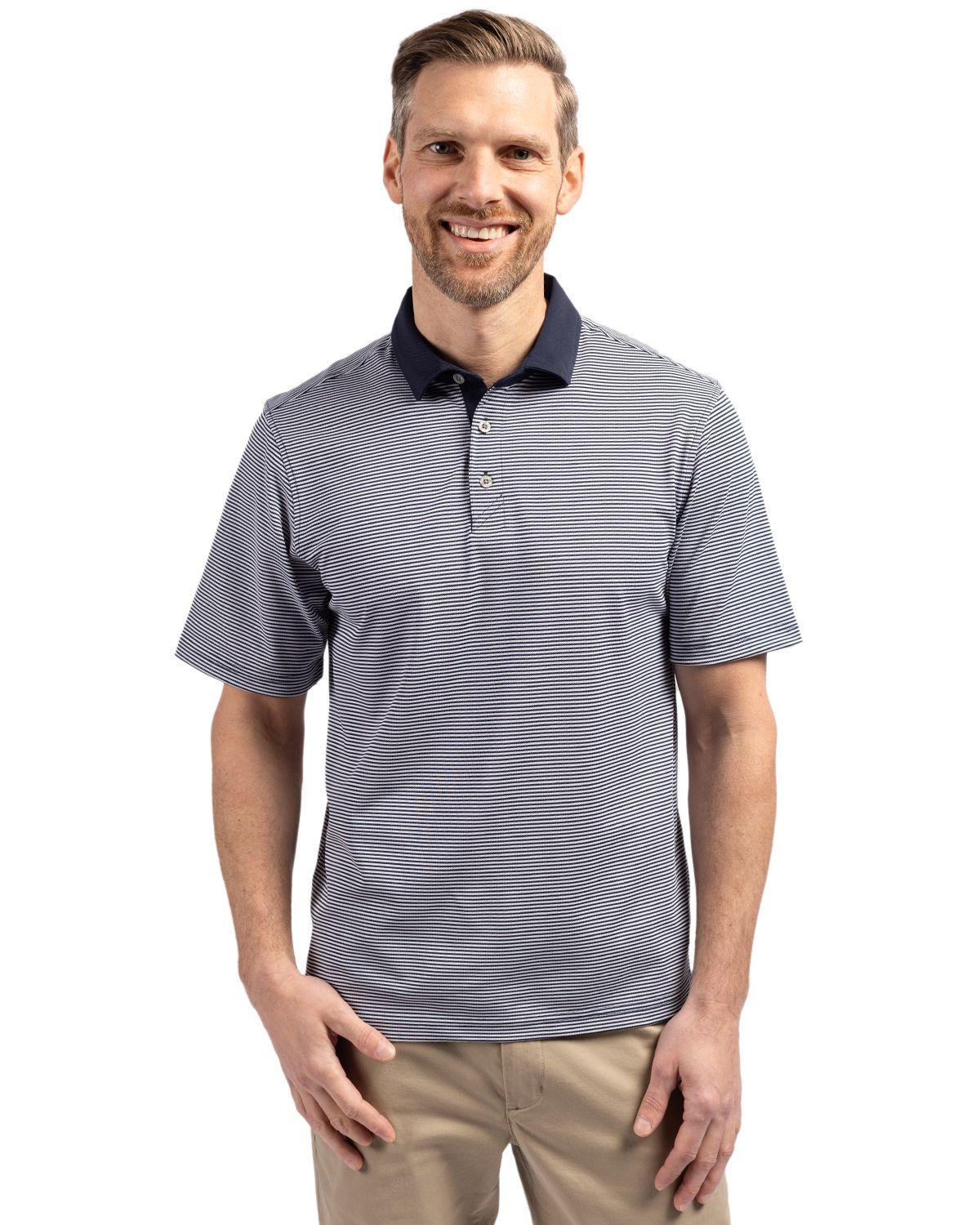 Cutter & Buck Virtue Eco Pique Micro Stripe Recycle Polo Navy Blue/White - Hajjar's Big & Tall Mens Clothing