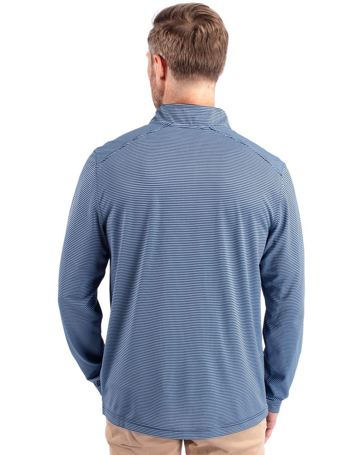 Cutter & Buck Virtue Eco Pique Micro Stripe Quarter Zip Atlas/Navy Blue - Hajjar's Big & Tall Mens Clothing