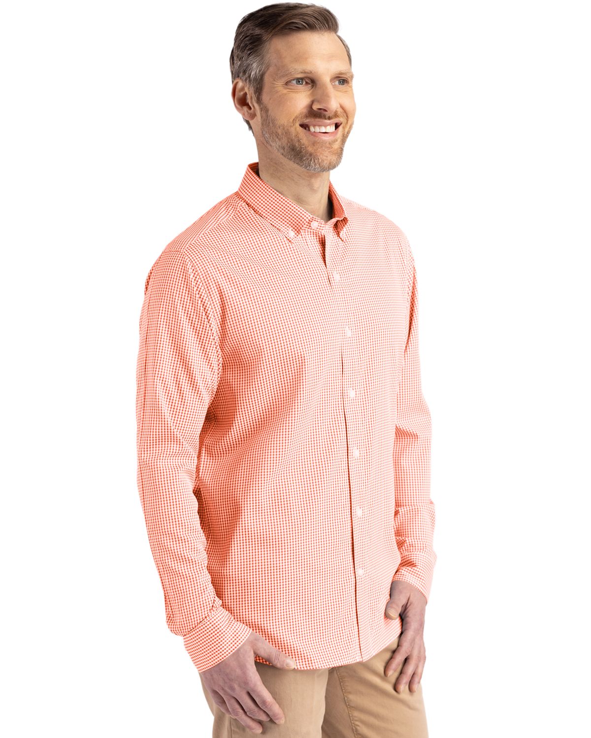Cutter & Buck Boise State Broncos Skyline Recycled Gingham Mens Long Sleeve Button Down Dress Shirt in College Orange/White | XXXL Cutter & Buck Boise State Broncos Skyline Recycled Gingham Mens Long Sleeve Button Down Dress Shirt in College Orange/White | XXXL