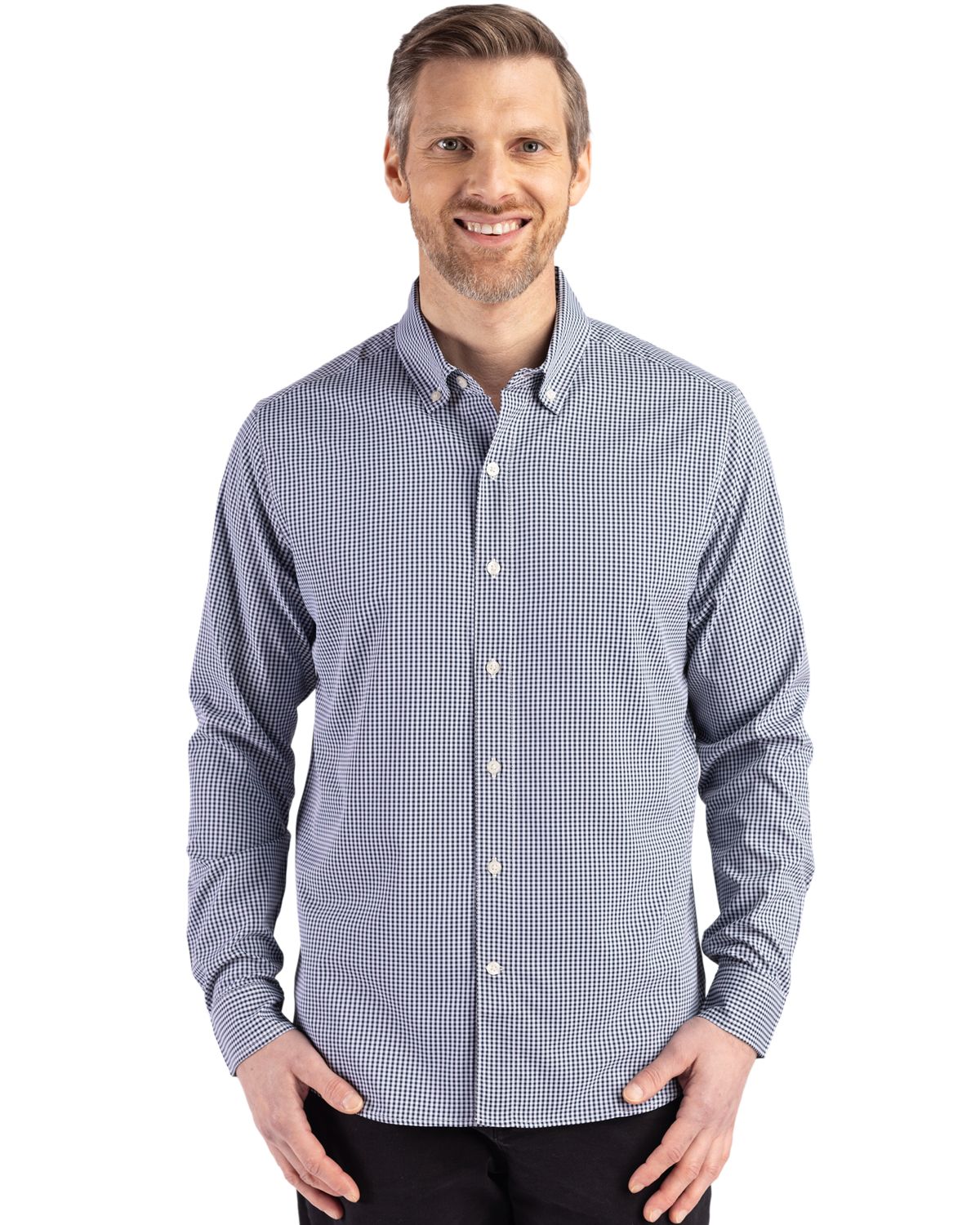 Cutter & Buck Skyline Gingham Dress Shirt Navy Blue/White