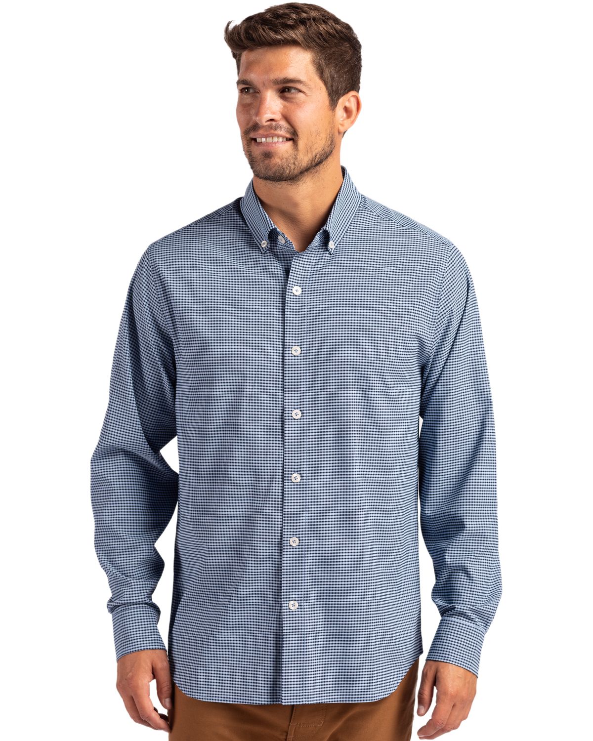 Cutter & Buck Skyline Gingham Dress Shirt Pale Blue/Navy Blue
