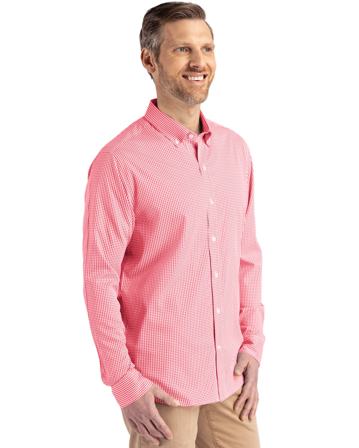Cutter & Buck Skyline Epic Confidence Recycled Gingham Mens Long Sleeve Dress Shirt - Red/White - 3XL Cutter & Buck Skyline Epic Confidence Recycled Gingham Mens Long Sleeve Dress Shirt - Red/White - 3XL