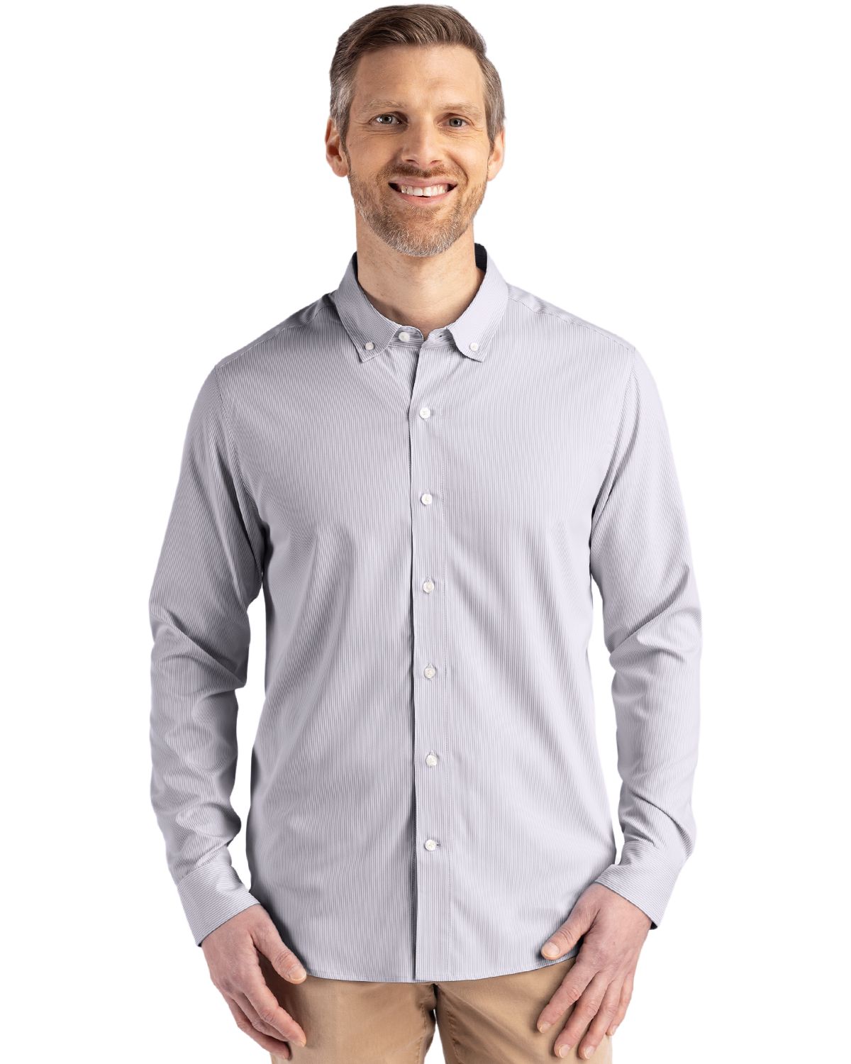 Cutter & Buck Skyline Epic Confidence Recycled Pinstripe Mens Big & Tall Long Sleeve Dress Shirt - Elemental Grey/White