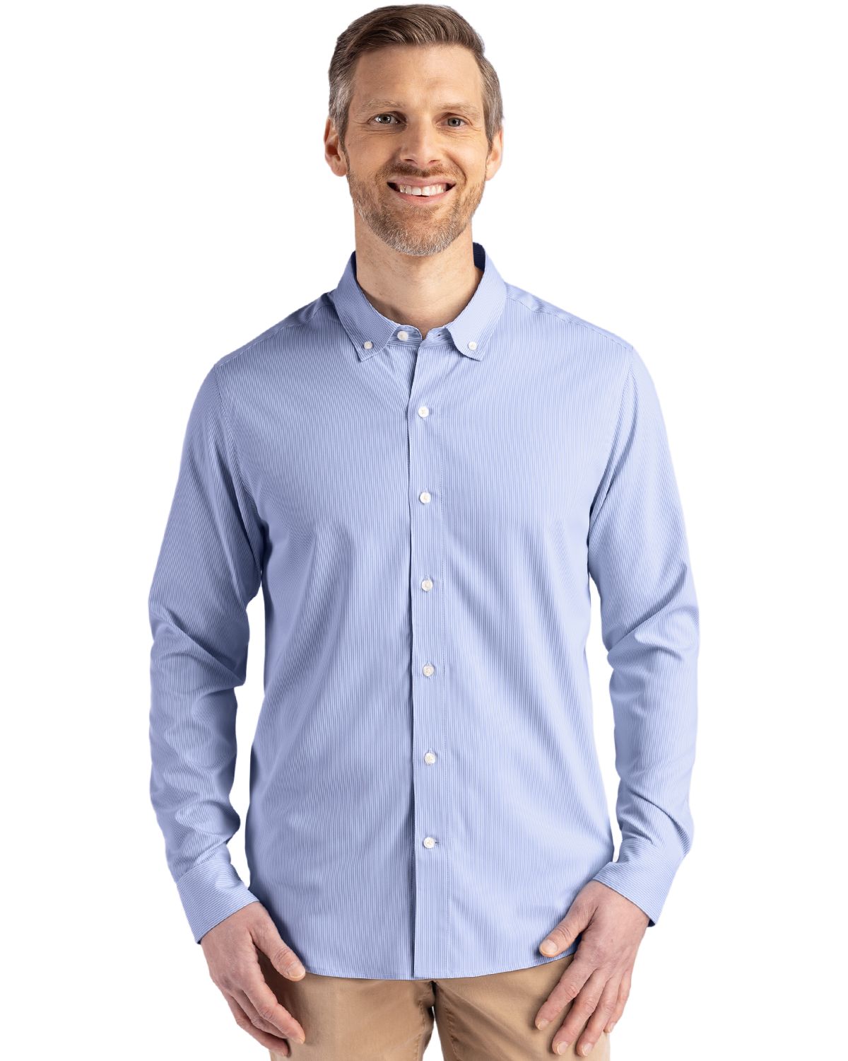 Cutter & Buck Skyline Epic Confidence Recycled Pinstripe Mens Big & Tall Long Sleeve Dress Shirt - Pale Blue/White - LT Cutter & Buck Skyline Epic Confidence Recycled Pinstripe Mens Big & Tall Long Sleeve Dress Shirt - Pale Blue/White - LT