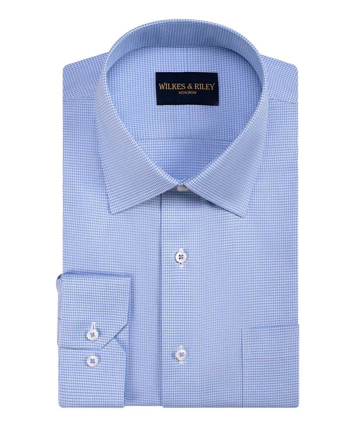 Wilkes and Riley Blue Houndstooth Spread Collar Non-Iron Twill