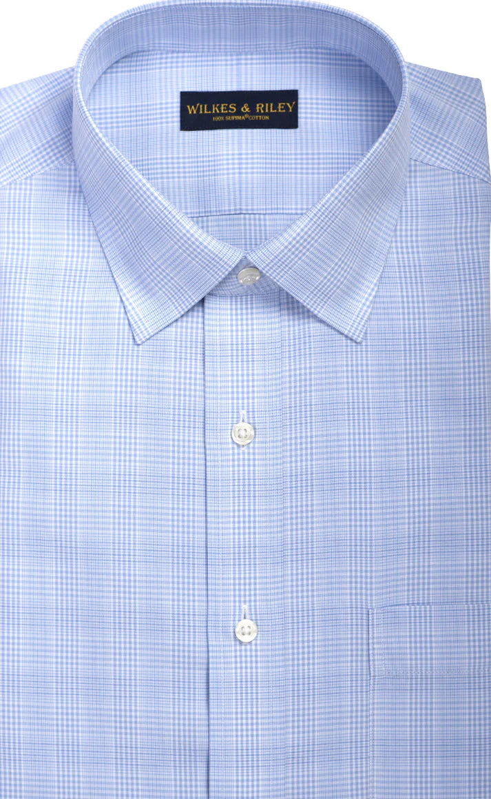 Wilkes and Riley Classic Fit Light Blue Glen Plaid Spread Collar Non-Iron Broadcloth Dress Shirt