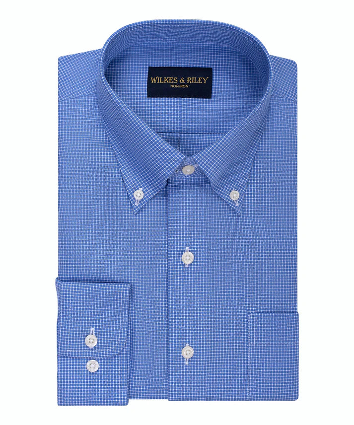 Wilkes and Riley Classic Fit Blue Mini Twill Check Button-Down Collar Non-Iron Sport Shirt