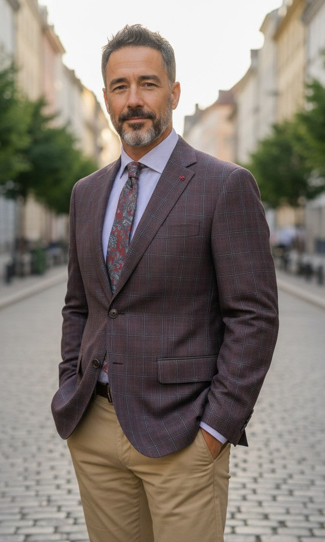 Mantoni Burgandy/Grey Plaid Sports Coat