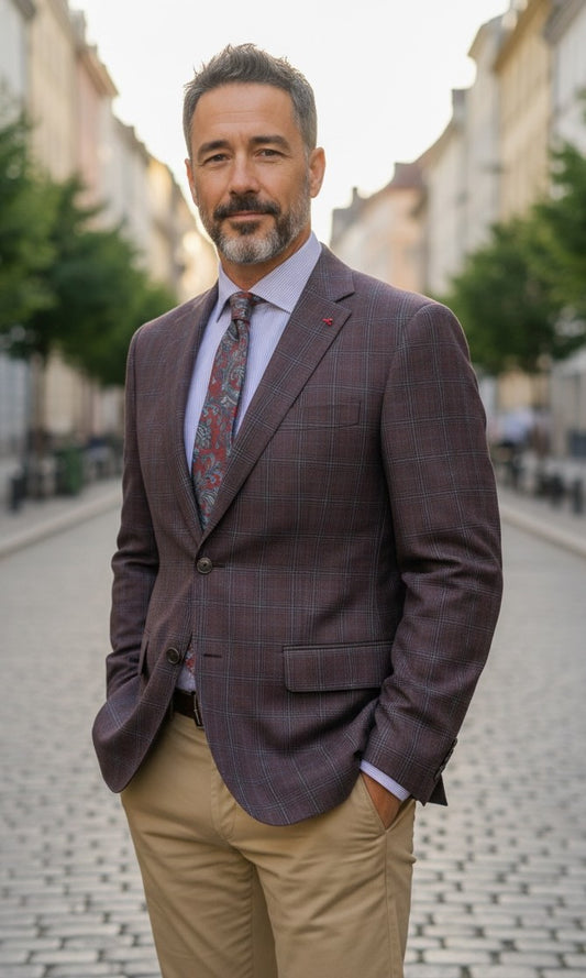 Mantoni Burgandy/Grey Plaid Sports Coat