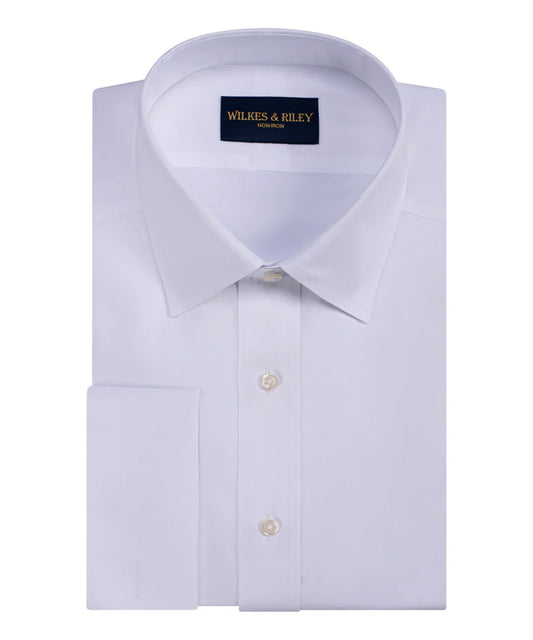 Wilkes and Riley Classic Fit White Spread Collar French Cuff Non-Iron Pinpoint Oxford Dress Shirt