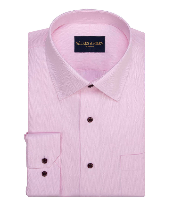 Wilkes and Riley Herringbone Pink Spread Collar Non-Iron Pinpoint Oxford