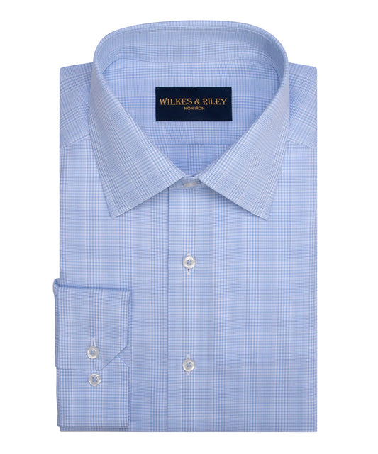 Wilkes and Riley Classic Fit Light Blue Glen Plaid Spread Collar Non-Iron Broadcloth Dress Shirt