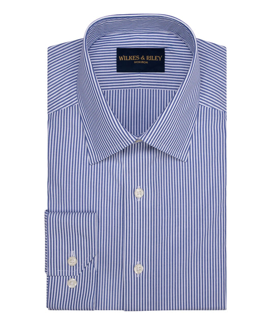 Wilkes and Riley Classic Fit Blue Bengal Stripe Spread Collar Non-Iron Broadcloth Dress Shirt