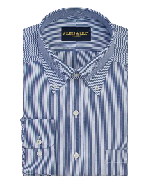 Wilkes and Riley Fine Line Button Down Non-Iron Pinpoint Oxford Dress Shirt Blue
