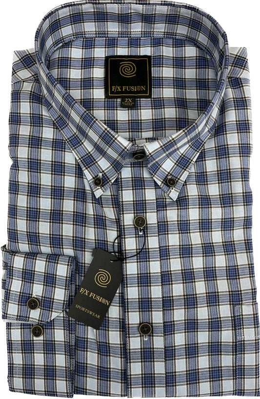 FX Fusion Easy Care Cotton Poly Woven Shirt Blue Royal Check