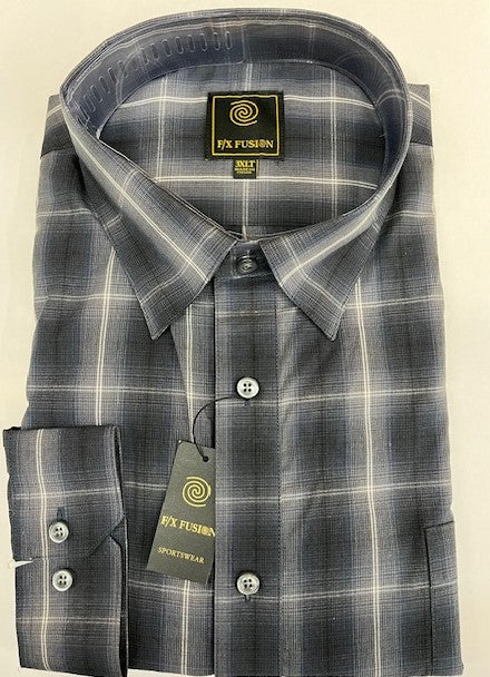 FX Fusion Easy Care Cotton Poly Woven Shirt Navy Grey Plaid