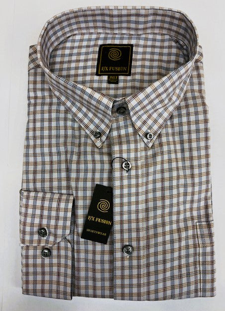 FX Fusion Easy Care Cotton Poly Woven Shirt Grey Acorn Check