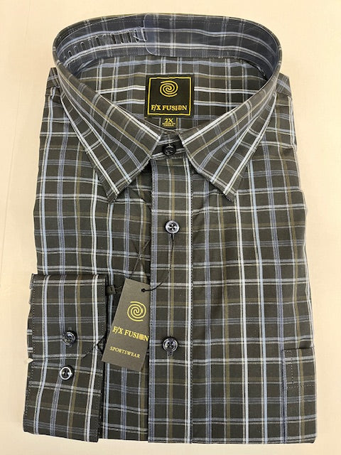 FX Fusion Easy Care Cotton Poly Woven Shirt Blue Check