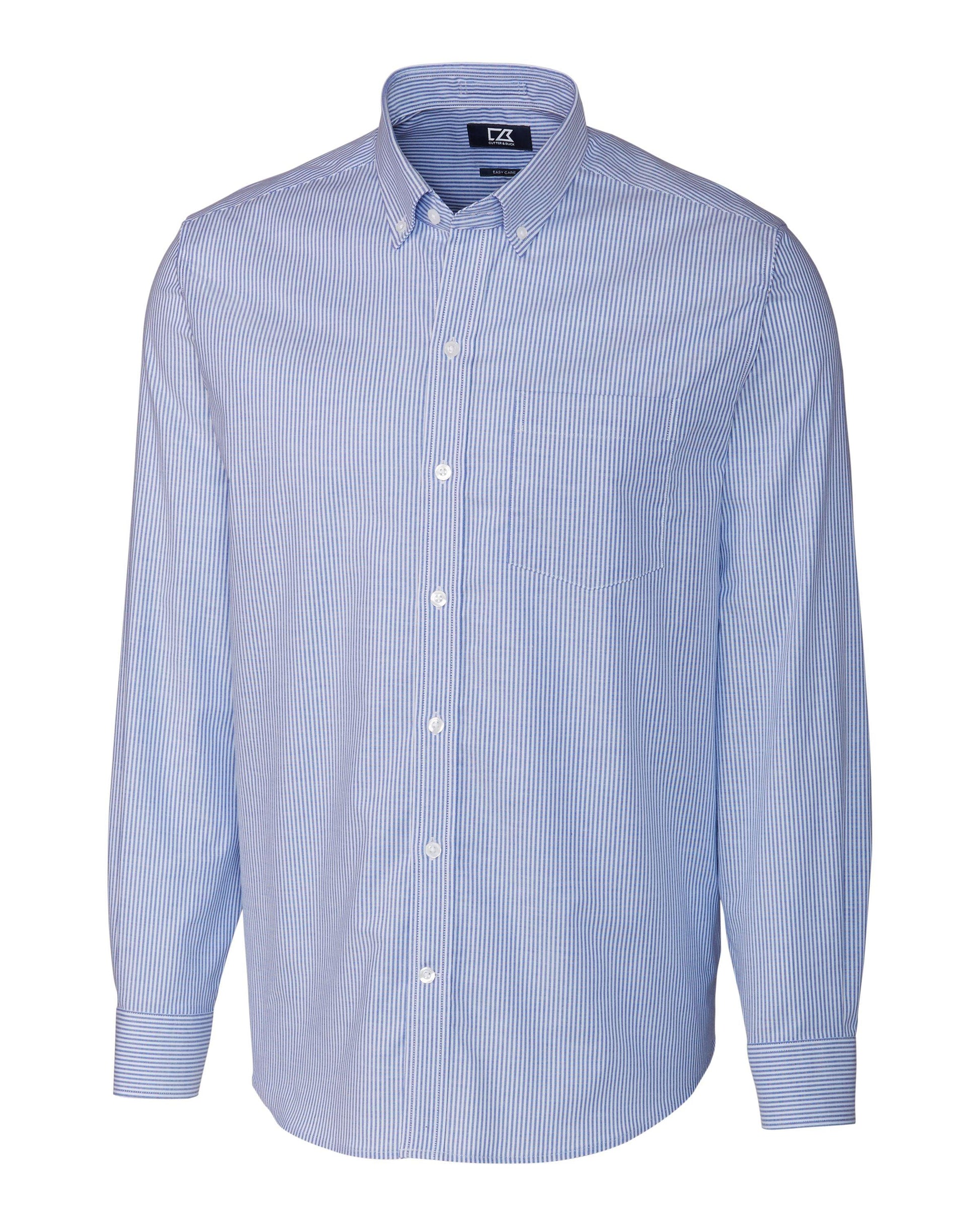 Cutter & Buck Stretch Oxford Stripe Dress Shirt French Blue - Hajjar's Big & Tall Mens Clothing