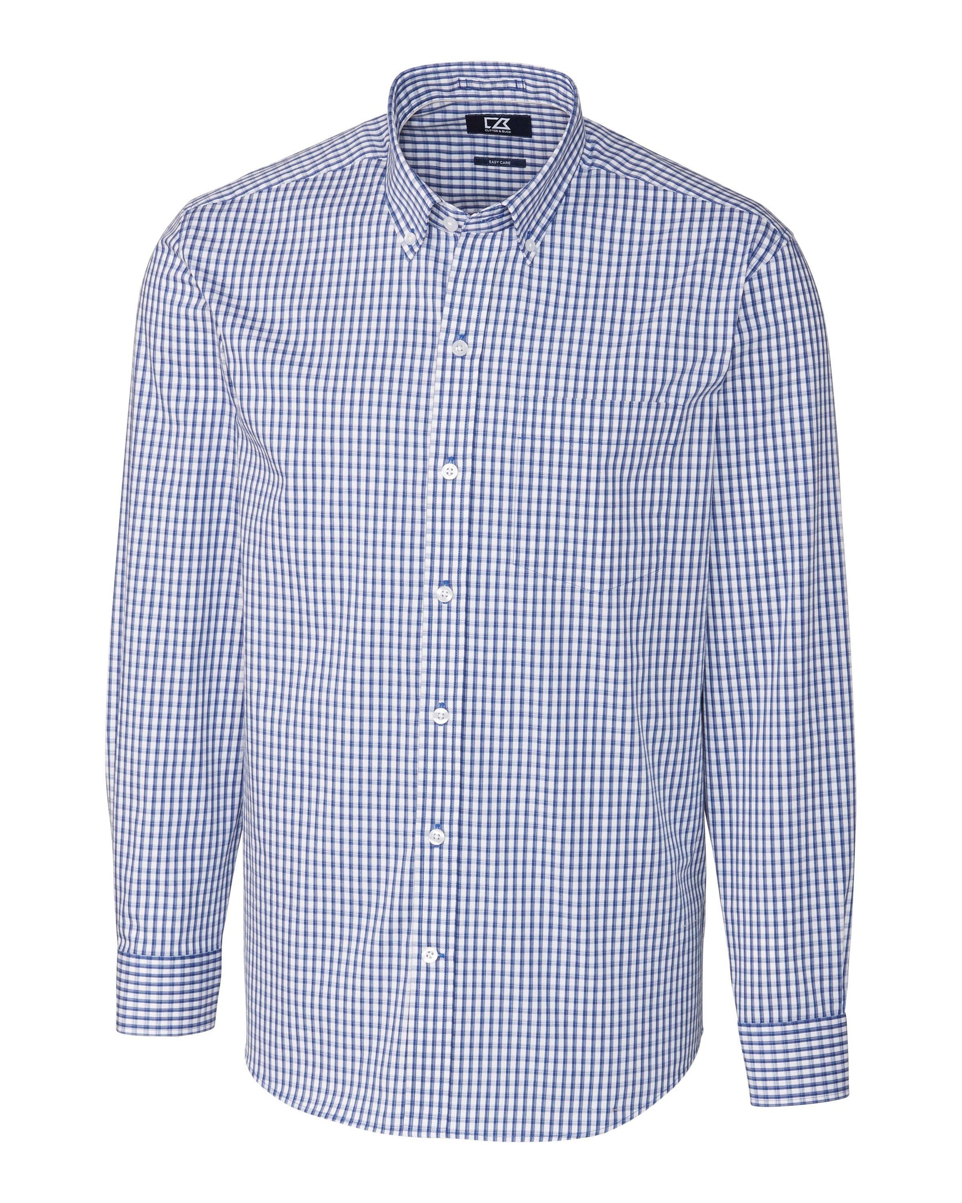 Cutter & Buck Easy Care Stretch Gingham Dress Shirt Tour Blue - Hajjar's Big & Tall Mens Clothing