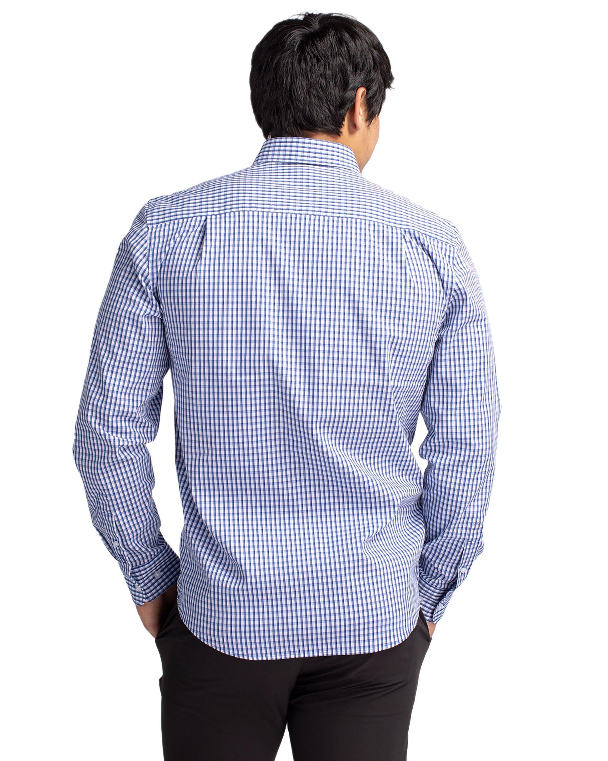 Cutter & Buck Easy Care Stretch Gingham Dress Shirt Tour Blue - Hajjar's Big & Tall Mens Clothing