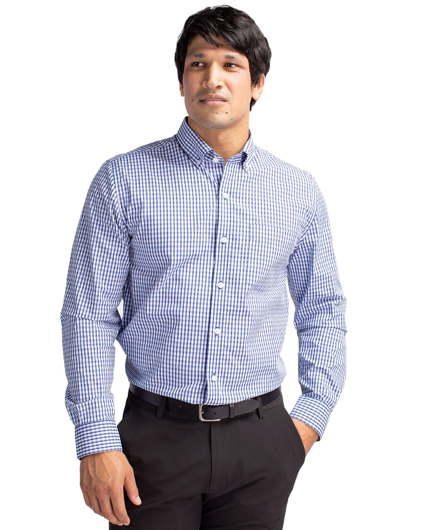 Cutter & Buck Easy Care Stretch Gingham Dress Shirt Tour Blue - Hajjar's Big & Tall Mens Clothing