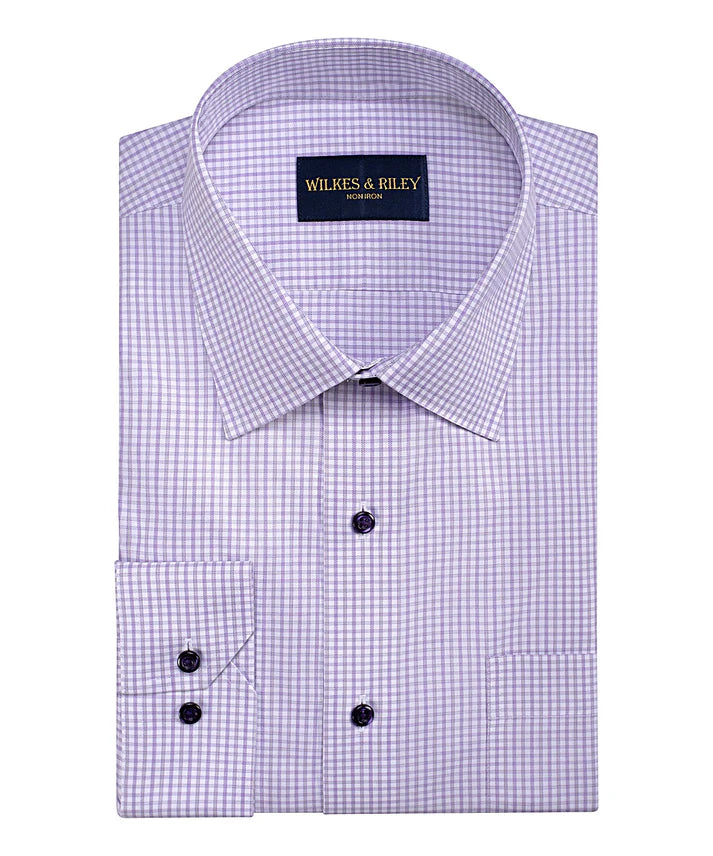 Wilkes and Riley Classic Fit Lavender / Grey Dobby Twill Check Spread Collar Non-Iron Dress Shirt