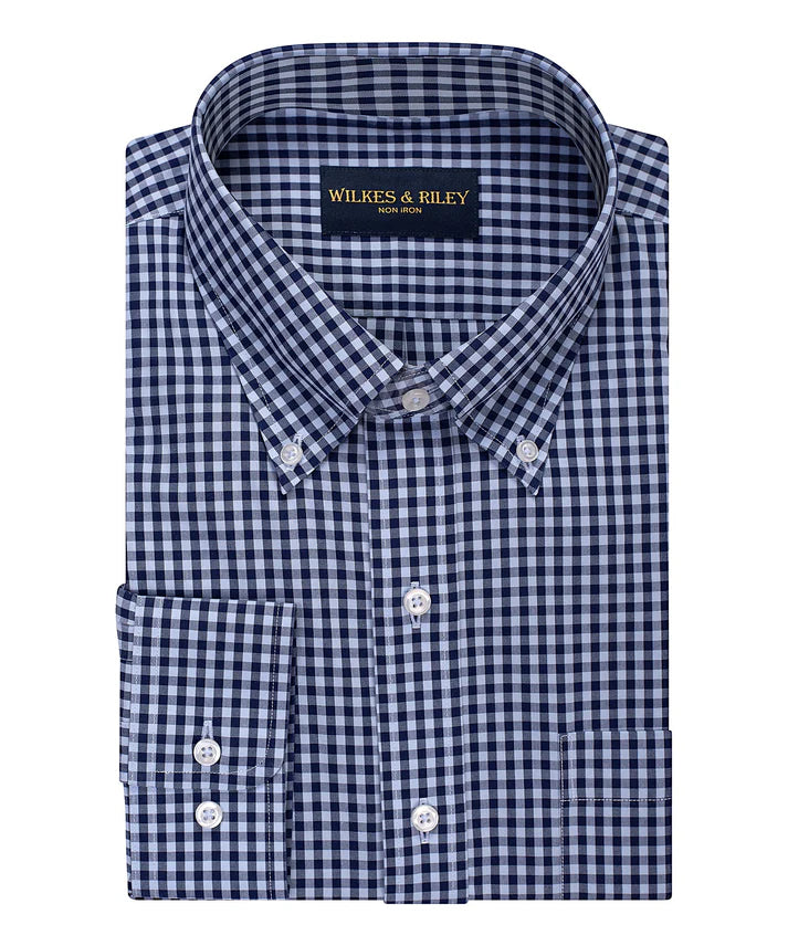 Wilkes and Riley Classic Fit Sky Navy large Gingham Button-Down Collar Supima® Non-Iron Cotton Broadcloth Sport Shirt