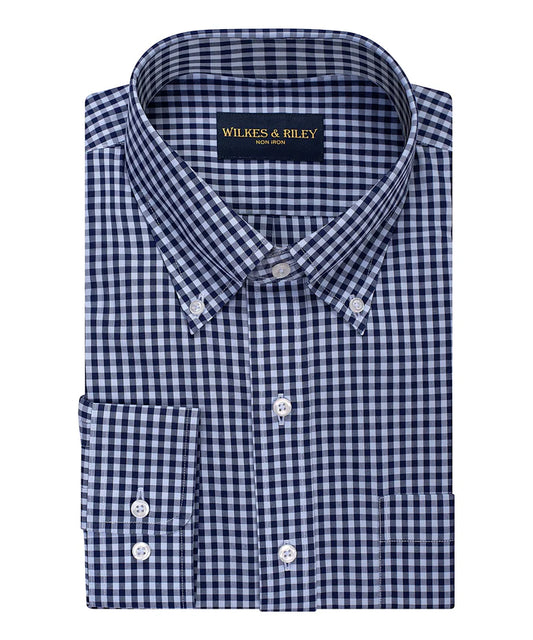 Wilkes and Riley Classic Fit Sky Navy large Gingham Button-Down Collar Supima® Non-Iron Cotton Broadcloth Sport Shirt